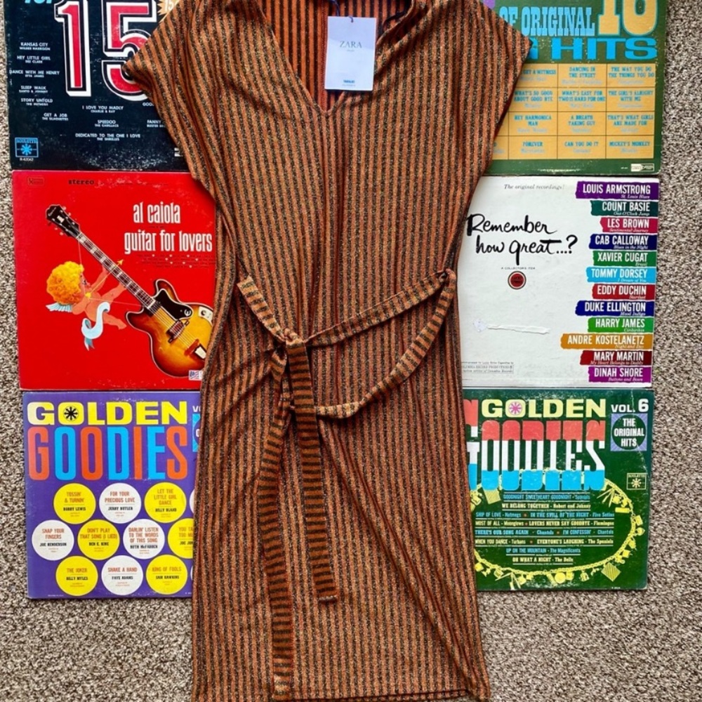 Metallic Striped V - Neck Midi Dress With Belt